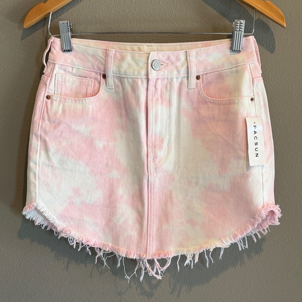 PacSun Pastel Pink Tie-Dye Denim Skirt with Frayed Hem